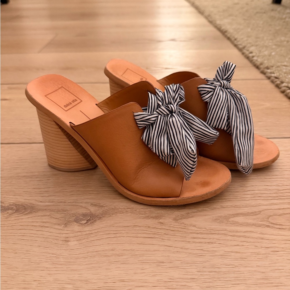 Dolce Vita Tan Leather Heeled Mules with Black-and-White Striped Bow